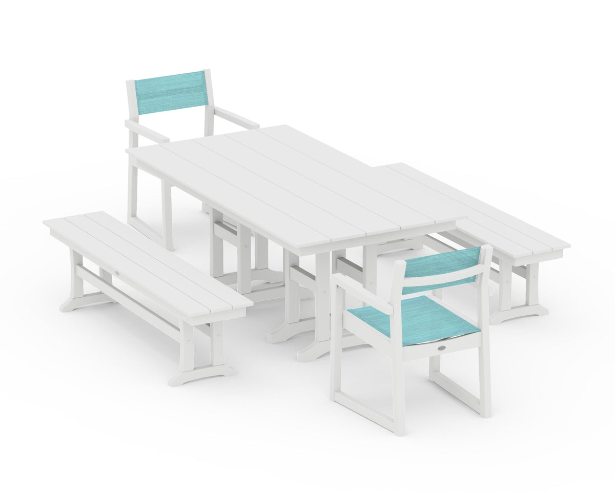 POLYWOOD EDGE Sling Arm Chair 5-Piece Farmhouse Dining Set with Benches in White / Dupioni Aquamarine
