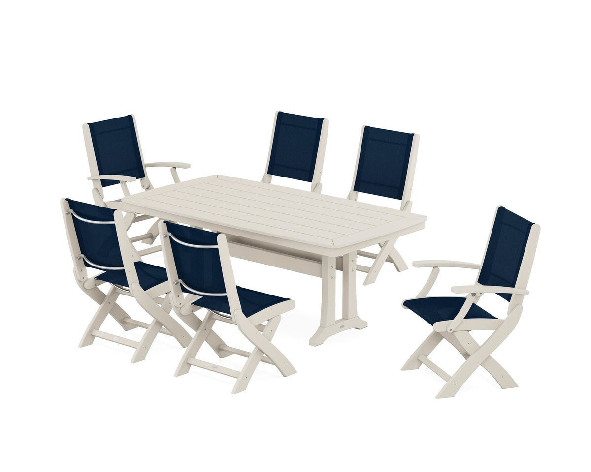POLYWOOD Coastal Folding Chair 7-Piece Dining Set with Trestle Legs with Nautical Trestle 38" x 73" Dining Table in Sand / Navy Blue