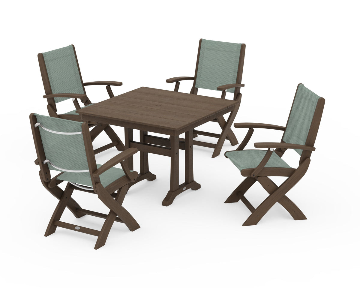 POLYWOOD Coastal Folding Chair 5-Piece Farmhouse Dining Set With Trestle Legs in Kona / Dupioni Sea Mist