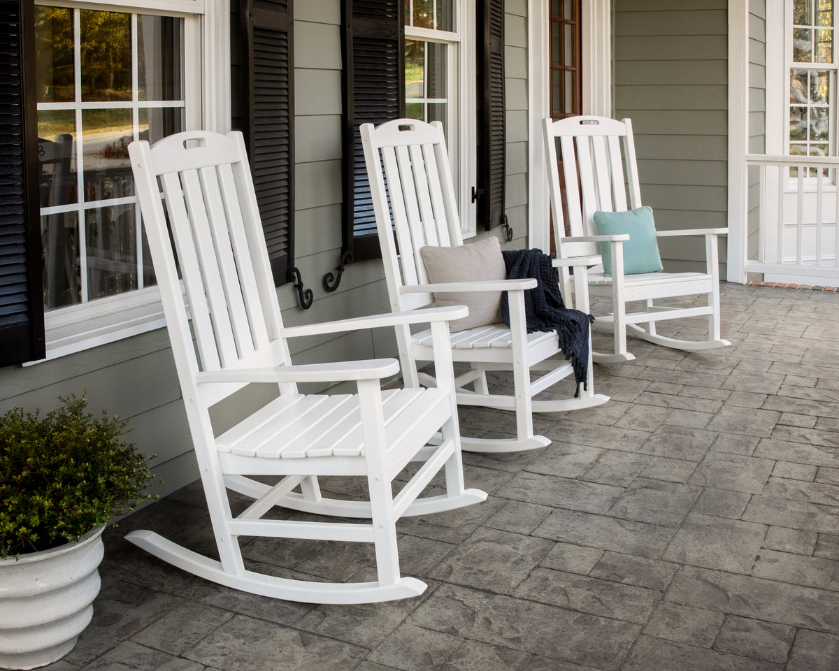 POLYWOOD Nautical Porch Rocking Chair in White in an outdoor setting