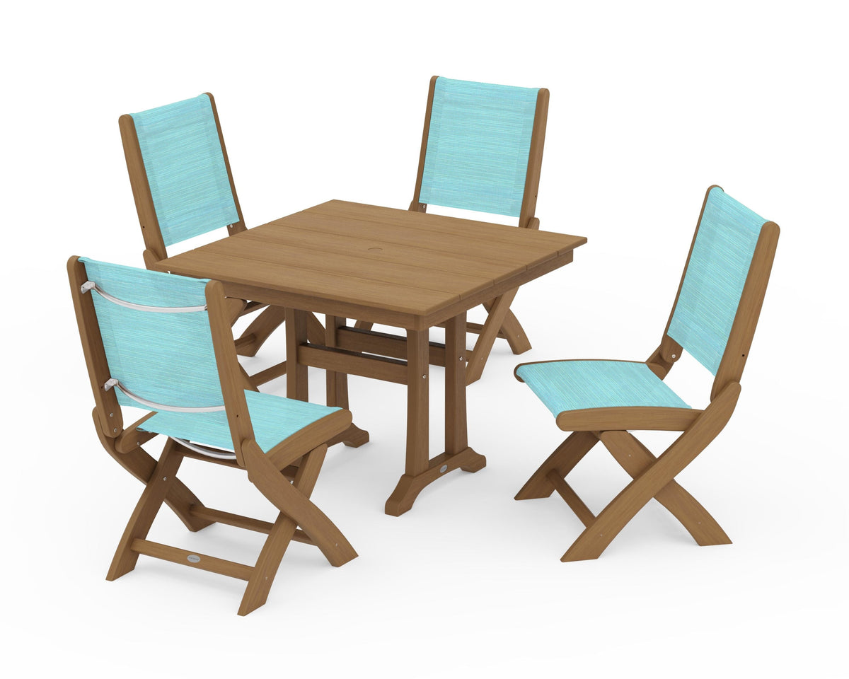 POLYWOOD Coastal Folding Side Chair 5-Piece Farmhouse Dining Set With Trestle Legs in Natural / Dupioni Aquamarine