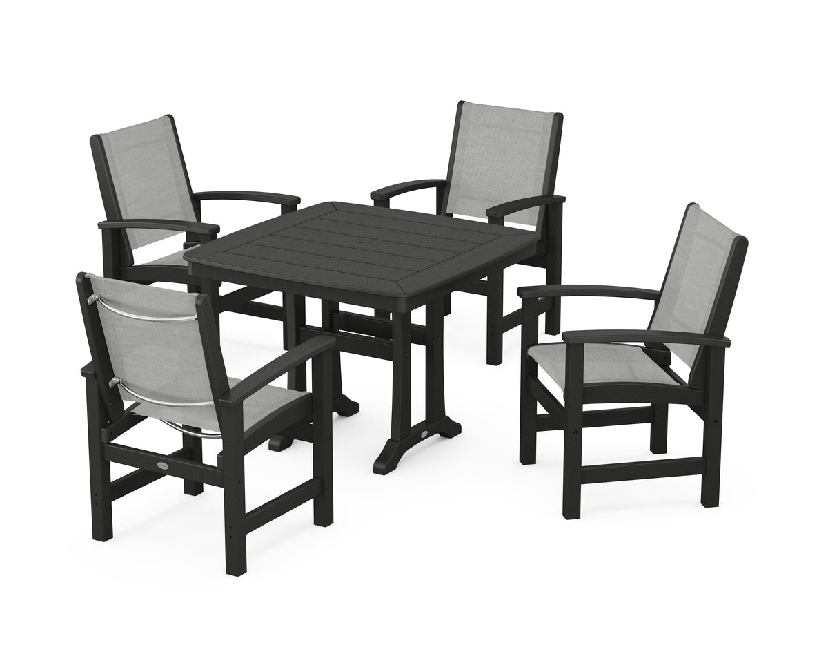 POLYWOOD Coastal 5-Piece Dining Set with Trestle Legs with Nautical Trestle 37" Dining Table in Black / Metallic