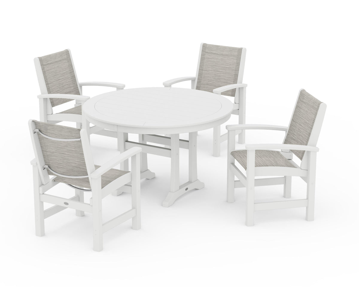 POLYWOOD Coastal 5-Piece Round Dining Set with Trestle Legs in White / Birch