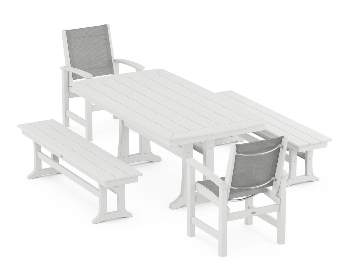 POLYWOOD Coastal 5-Piece Dining Set with Trestle Legs and Benches in White / Metallic
