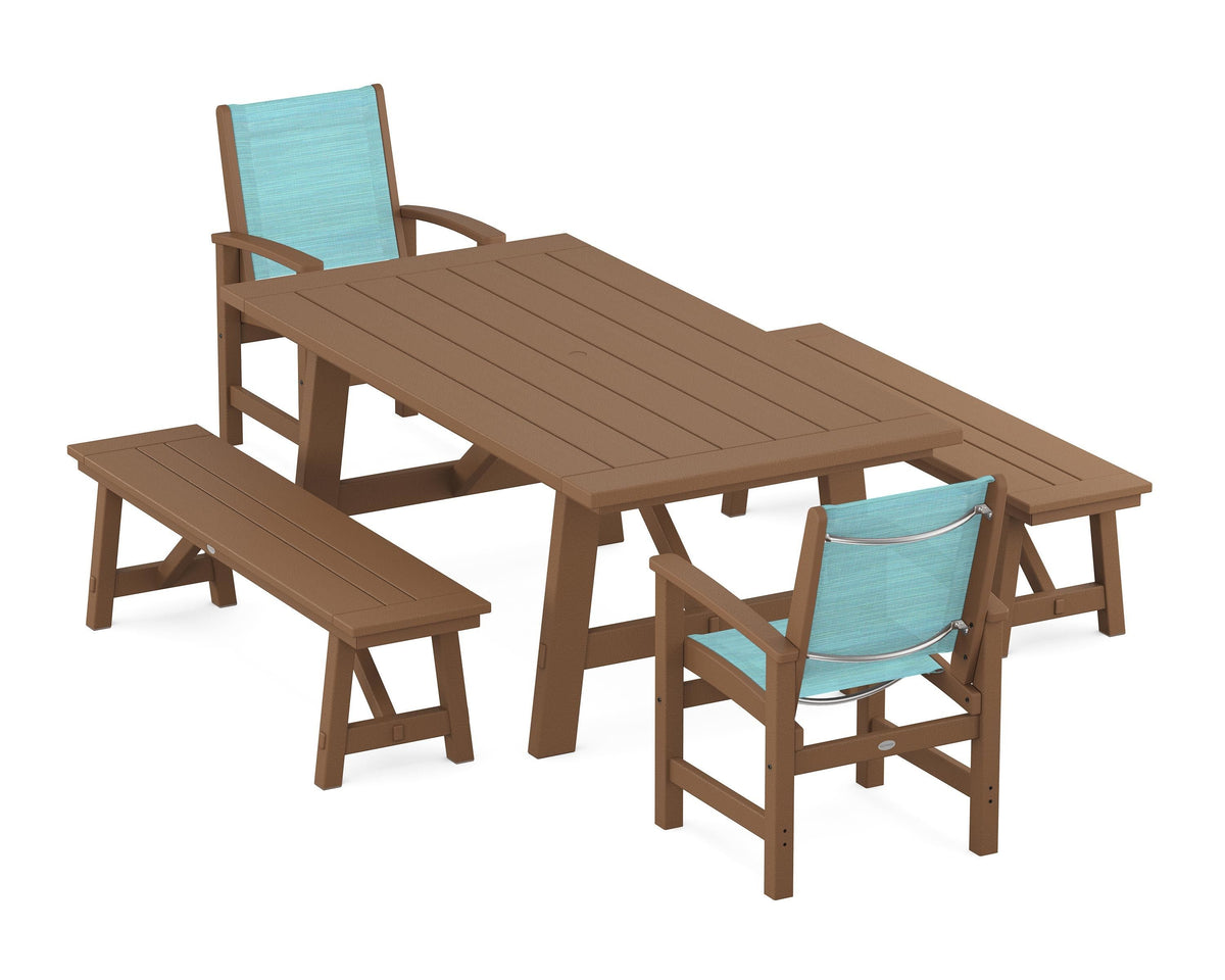 POLYWOOD Coastal 5-Piece Rustic Farmhouse Dining Set With Benches in Teak / Dupioni Aquamarine