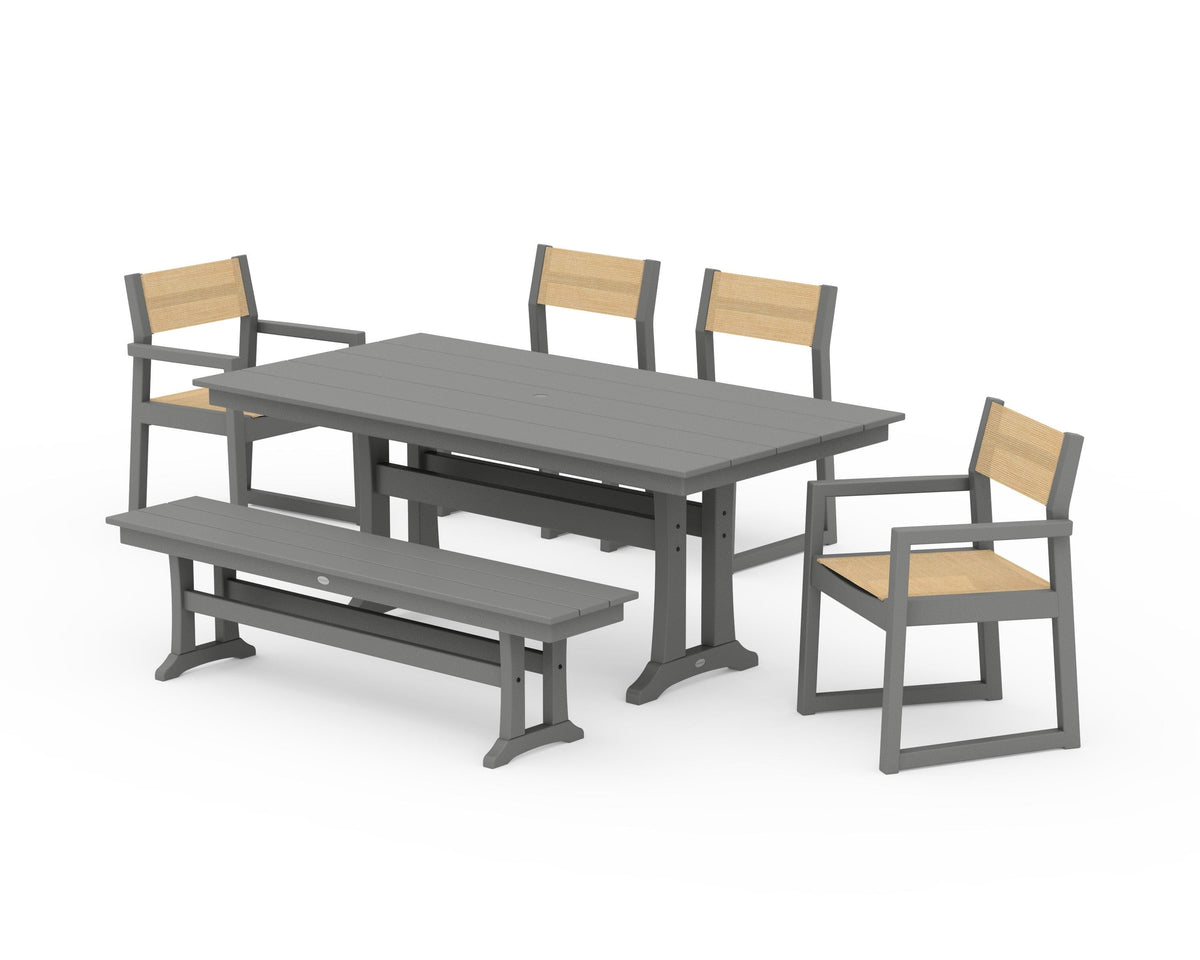 POLYWOOD EDGE Sling 6-Piece Farmhouse Dining Set With Trestle Legs in Slate Grey / Dupioni Apricot
