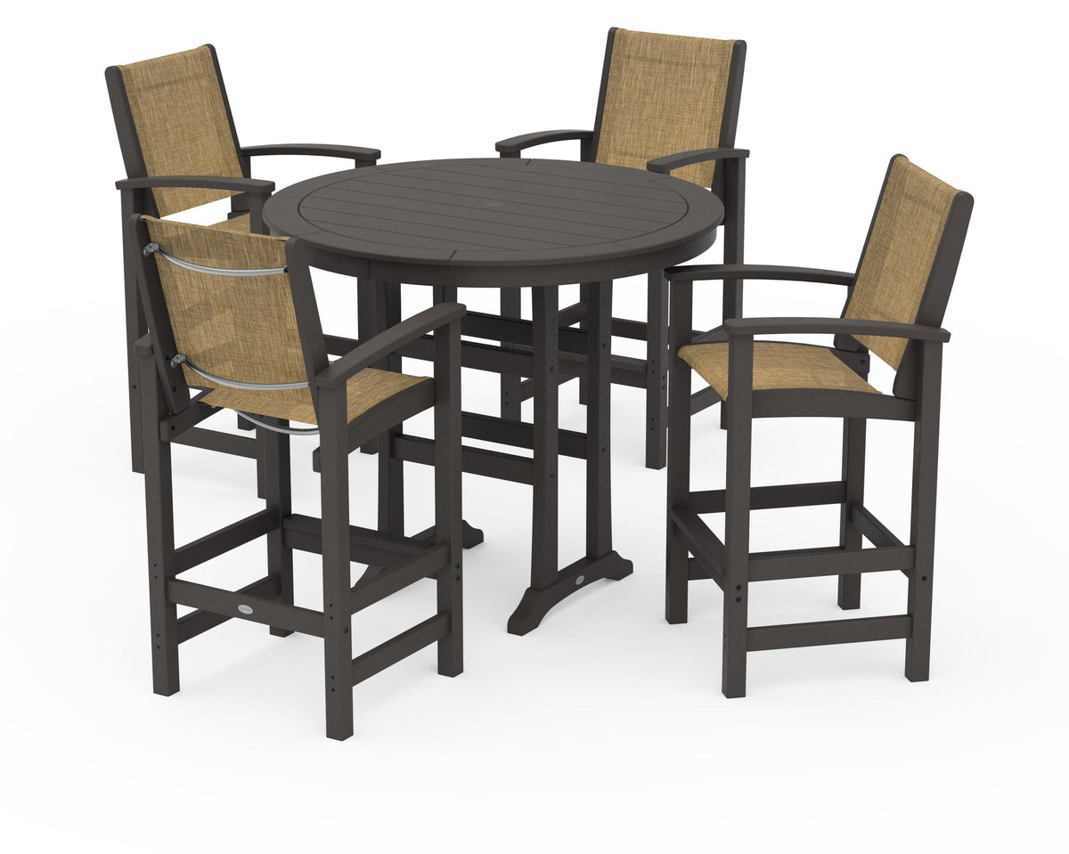 POLYWOOD Coastal 5-Piece Nautical Trestle Bar Set in Vintage Coffee / Burlap