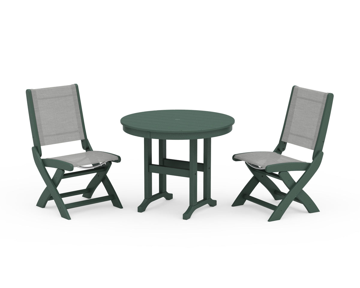 POLYWOOD Coastal Folding Side Chair 3-Piece Round Dining Set in Green / Metallic