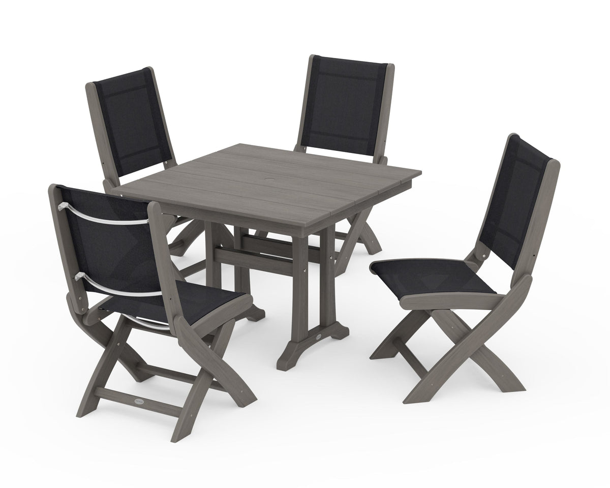 POLYWOOD Coastal Folding Side Chair 5-Piece Farmhouse Dining Set With Trestle Legs in Driftwood / Black