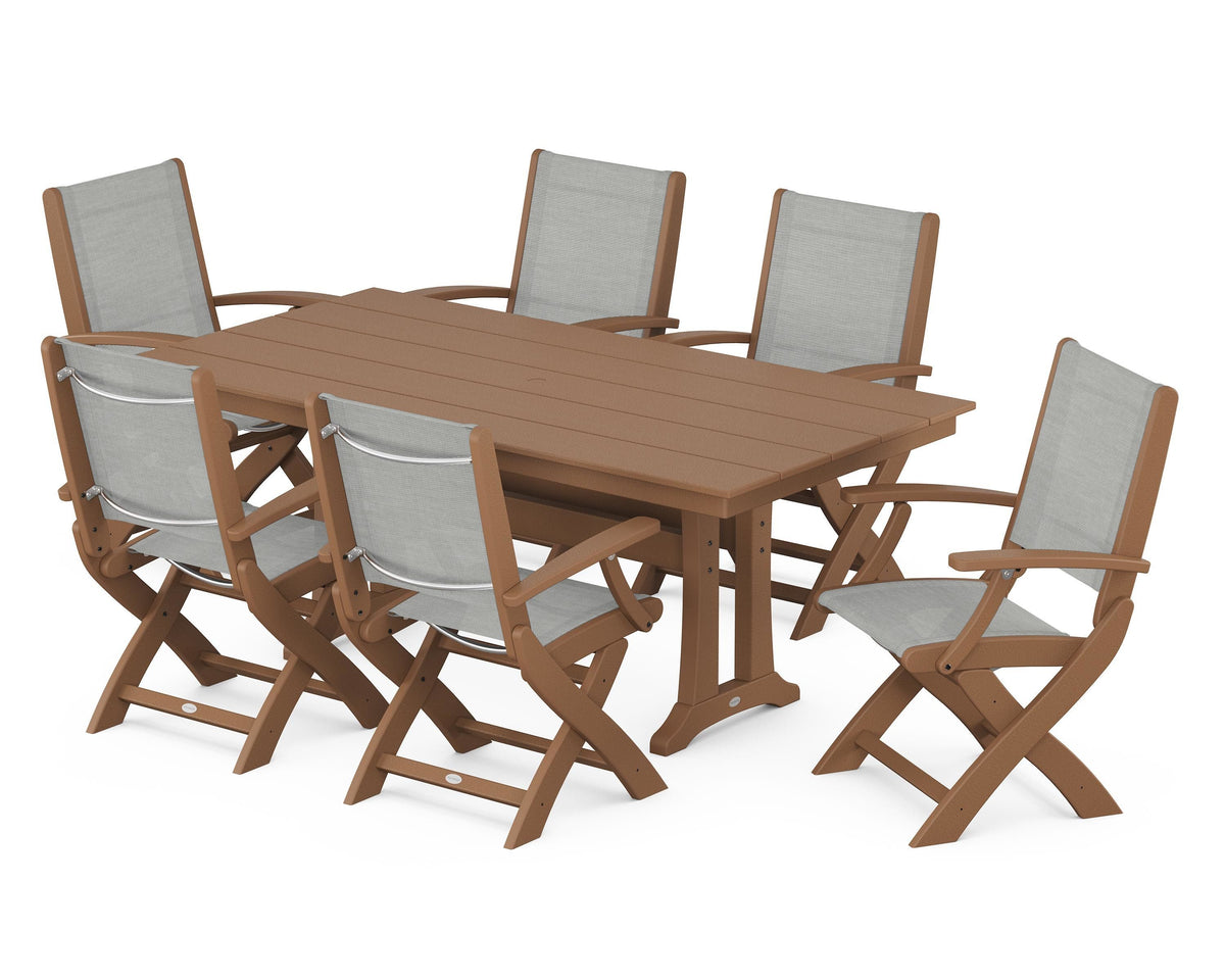 POLYWOOD Coastal Folding Arm Chair 7-Piece Farmhouse Dining Set with Trestle Legs in Teak / Metallic