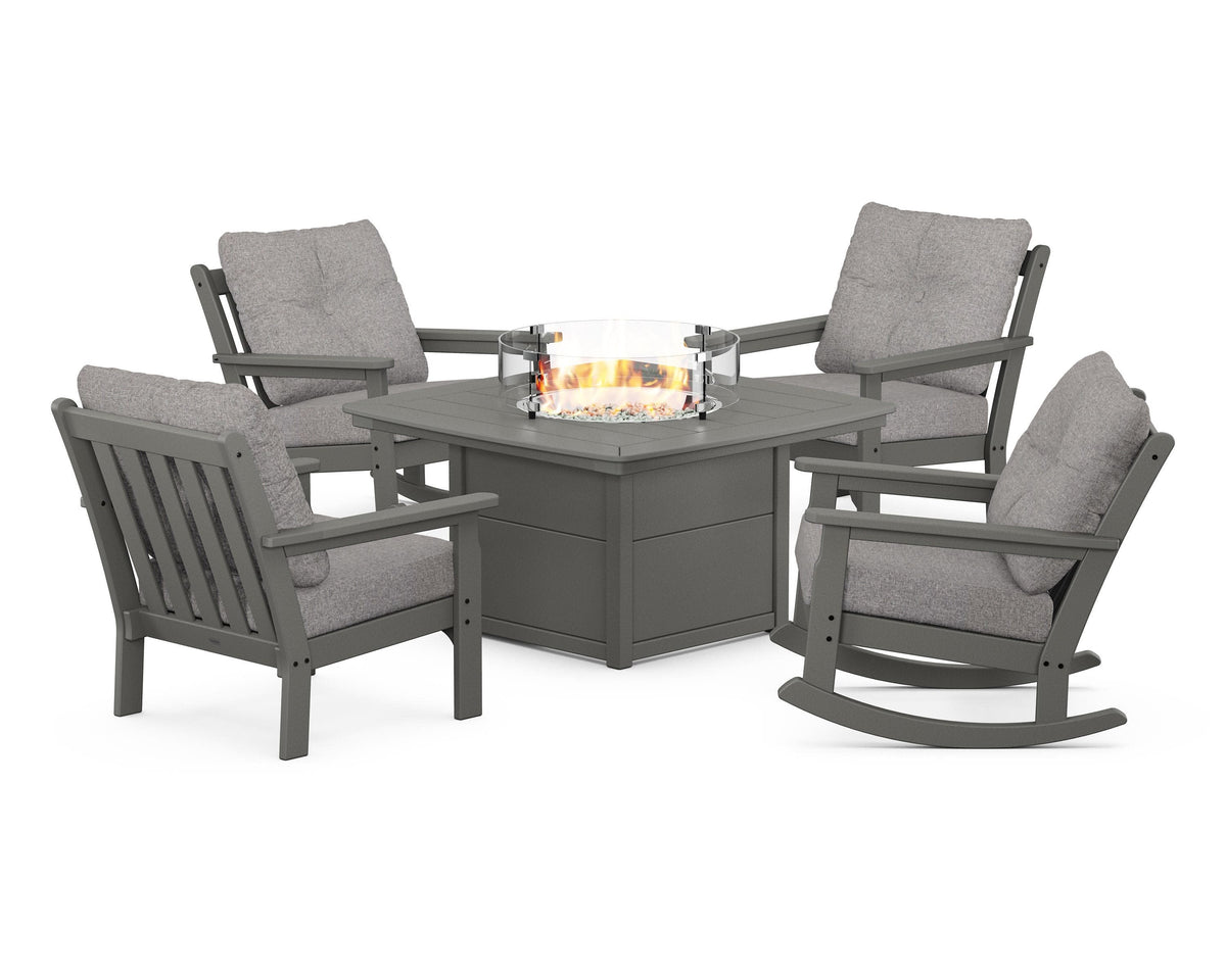 POLYWOOD Vineyard 5-Piece Deep Seating Rocking Chair Conversation Set with Fire Pit Table in Slate Grey / Grey Mist