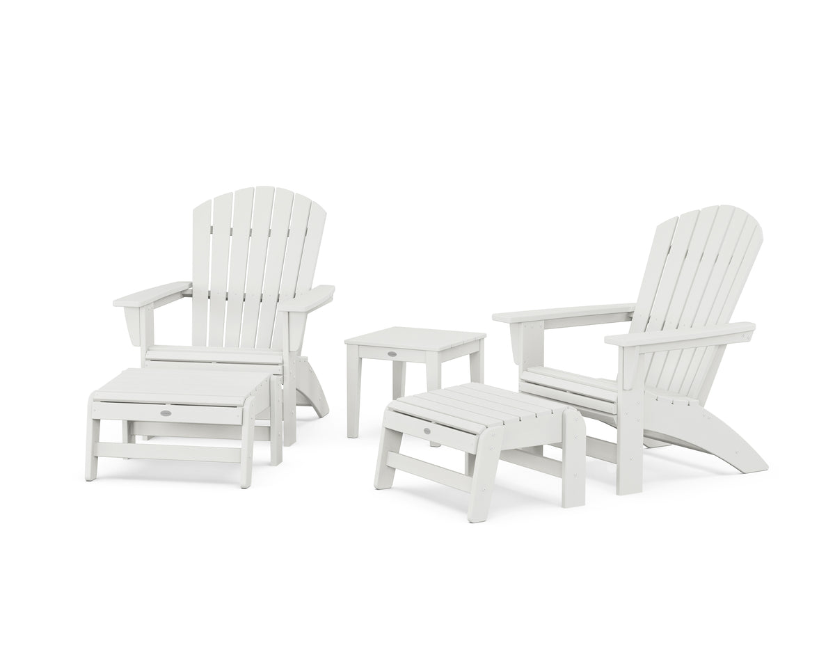 POLYWOOD 5-Piece Nautical Grand Adirondack Set with Ottomans and Side Table in Vintage White