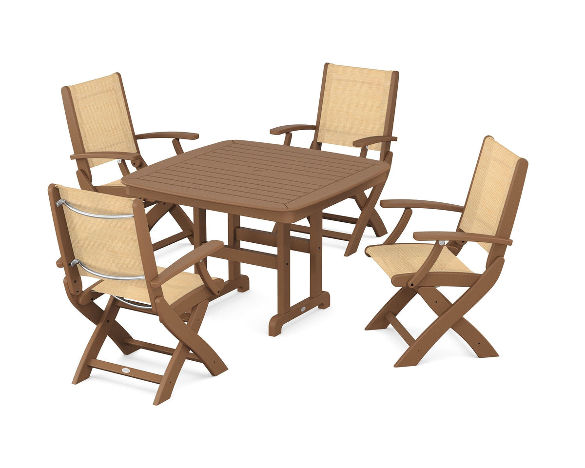 POLYWOOD Coastal Folding Chair 5-Piece Dining Set with Nautical 44" Dining Table in Teak / Dupioni Apricot