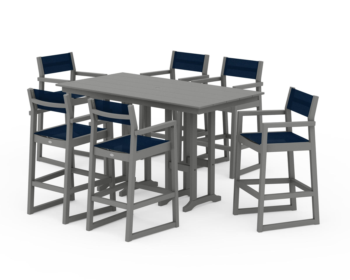 POLYWOOD EDGE Sling Arm Chair 7-Piece Farmhouse Bar Set in Slate Grey / Navy Blue