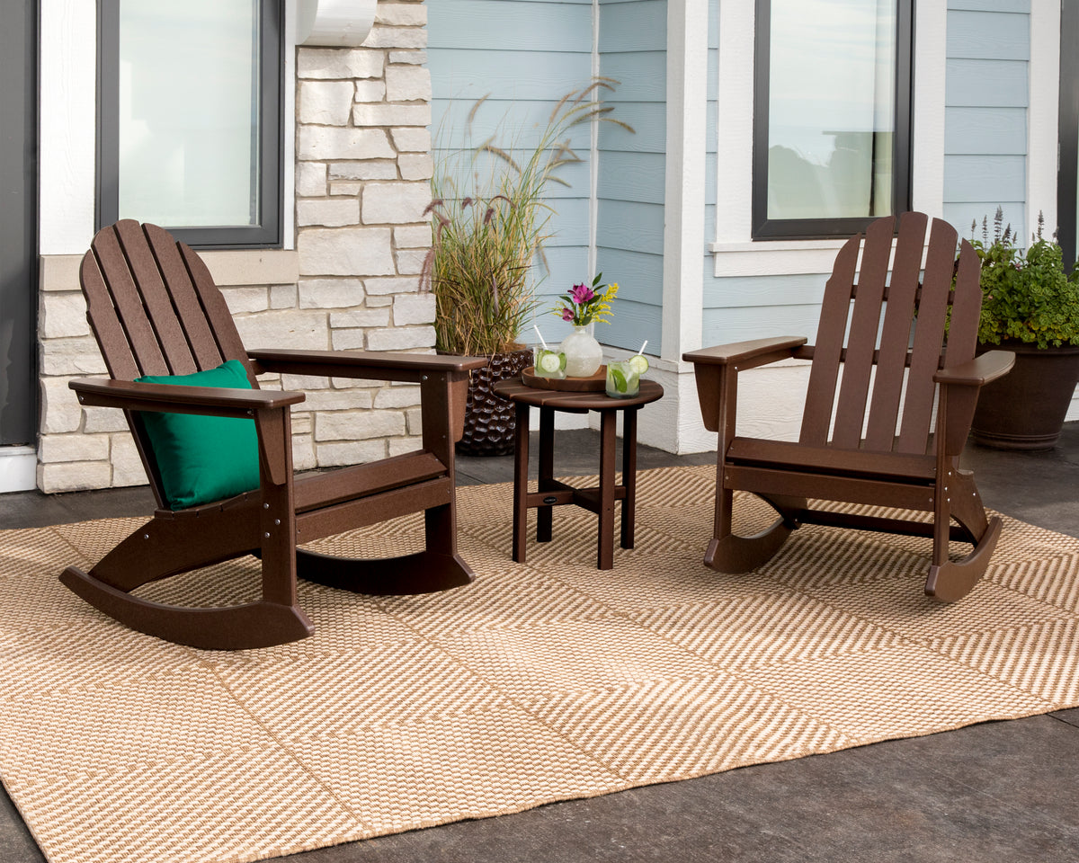 POLYWOOD Vineyard 3-Piece Adirondack Rocking Chair Set with 18" Round Table in Mahogany in an outdoor setting