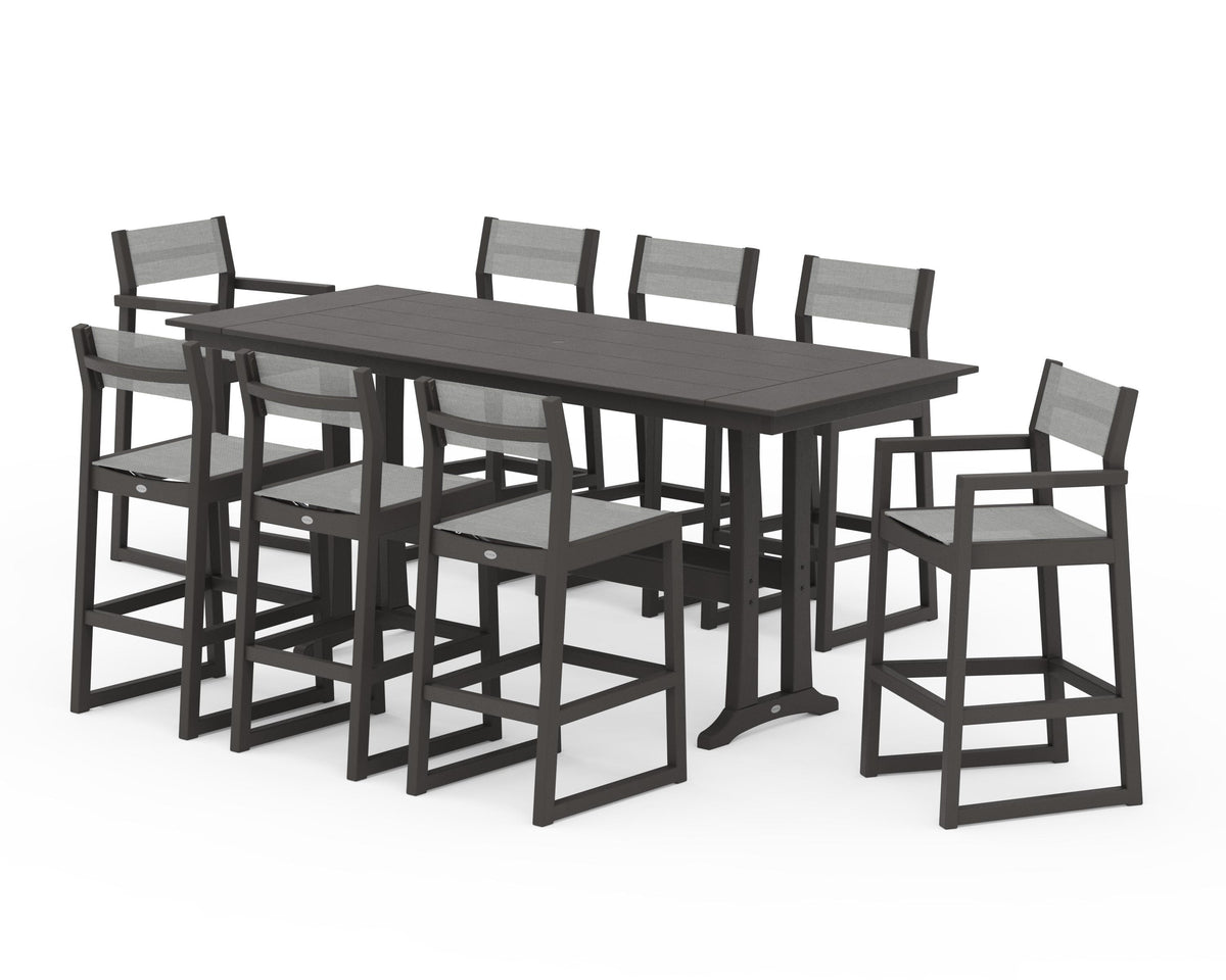 POLYWOOD EDGE Sling 9-Piece Farmhouse Bar Set with Trestle Legs in Vintage Coffee / Metallic