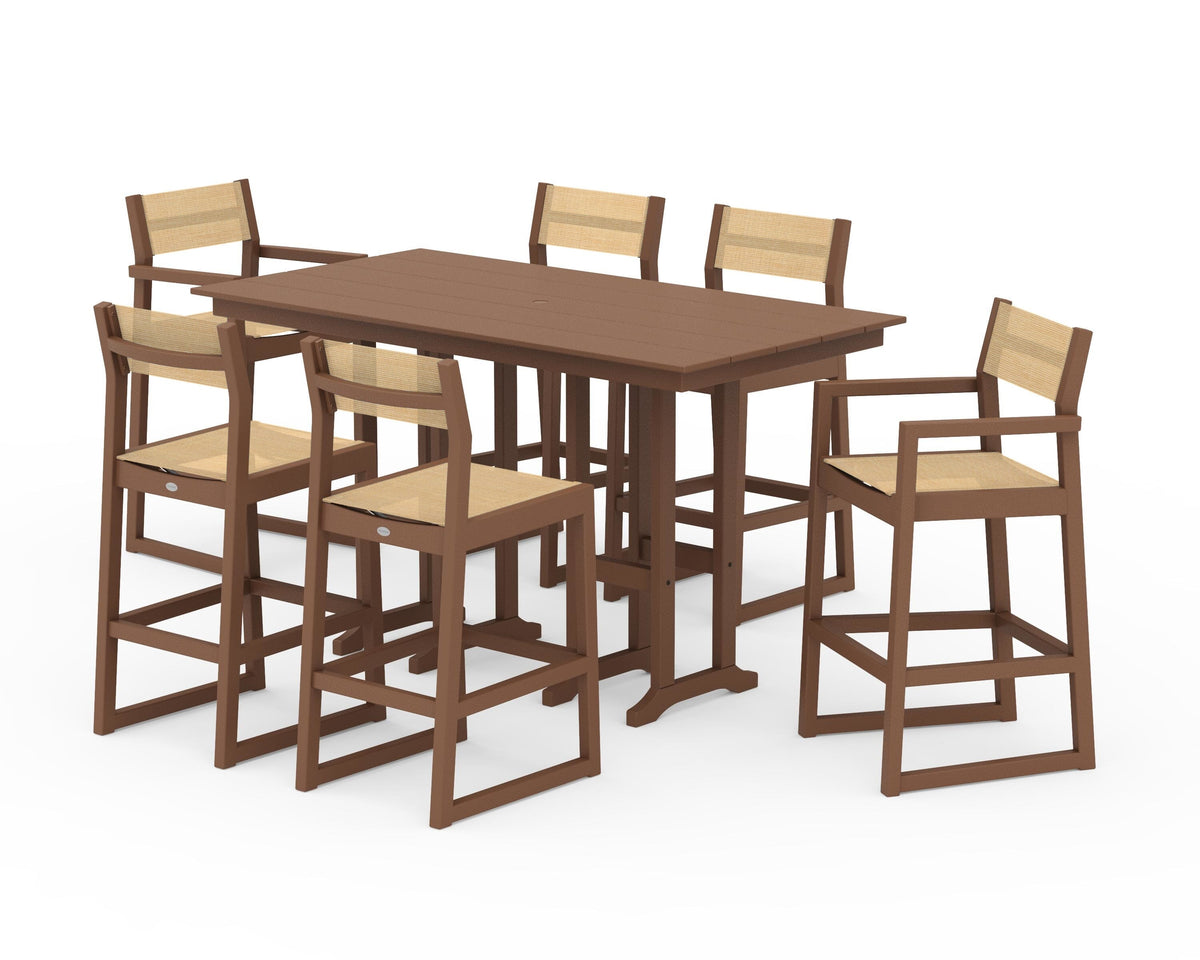 POLYWOOD EDGE Sling 7-Piece Farmhouse Bar Set in Teak / Dupioni Apricot