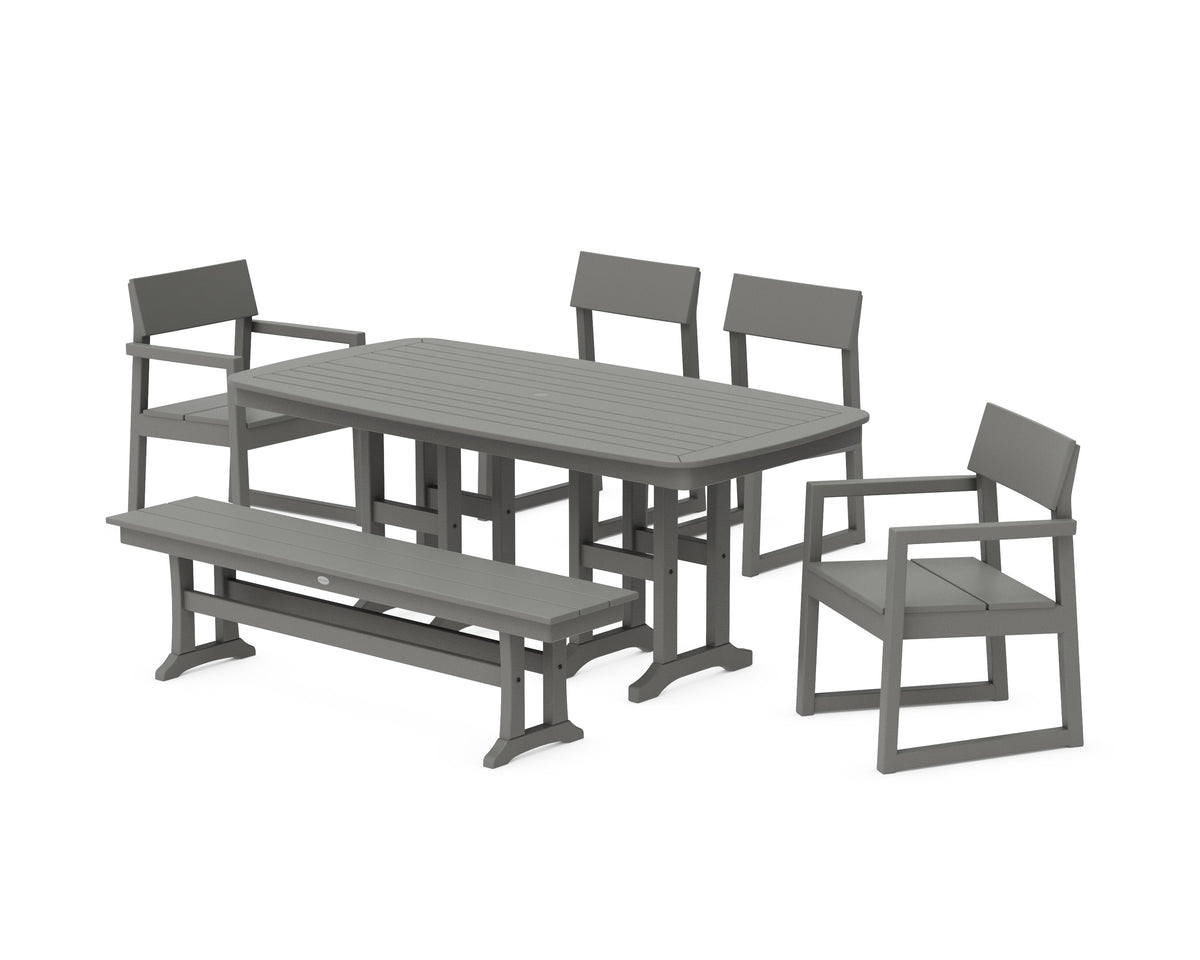 POLYWOOD EDGE 6-Piece Dining Set with Bench (Nautical 37" x 72" Table) in Slate Grey