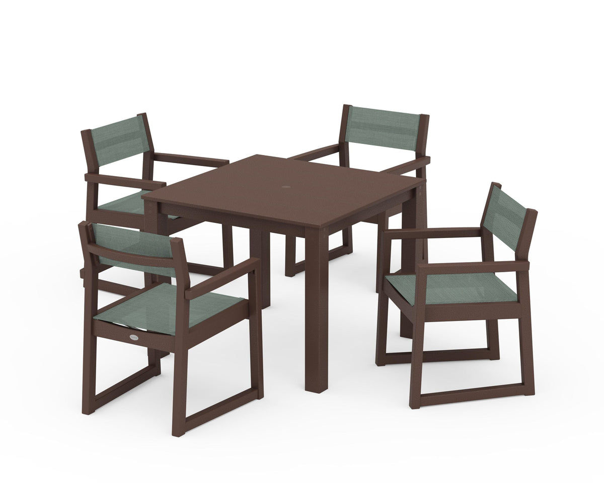 POLYWOOD EDGE Sling Arm Chair 5-Piece Parsons Dining Set in Mahogany / Dupioni Sea Mist