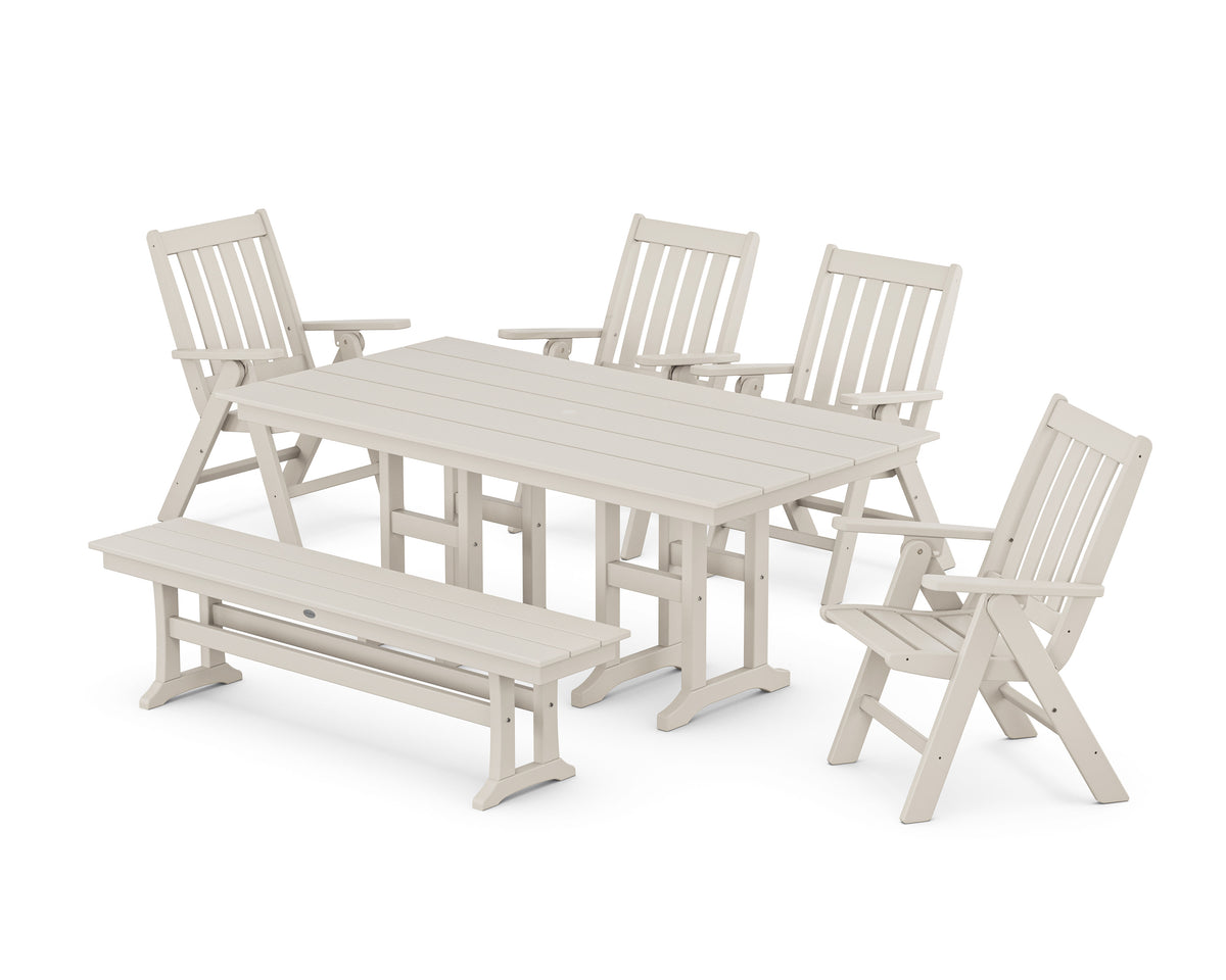 POLYWOOD Vineyard Folding Chair 6-Piece Farmhouse Dining Set with Bench in Sand