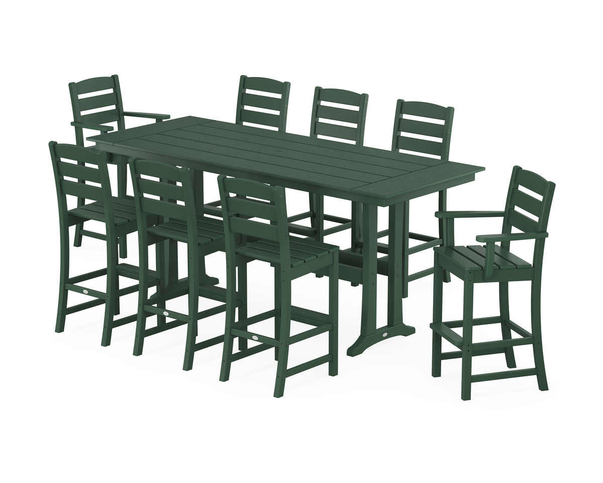 POLYWOOD Lakeside 9-Piece Farmhouse Bar Set with Trestle Legs in Green