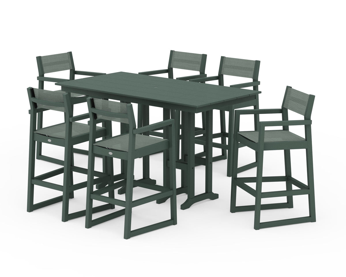 POLYWOOD EDGE Sling Arm Chair 7-Piece Farmhouse Bar Set in Green / Dupioni Sea Mist