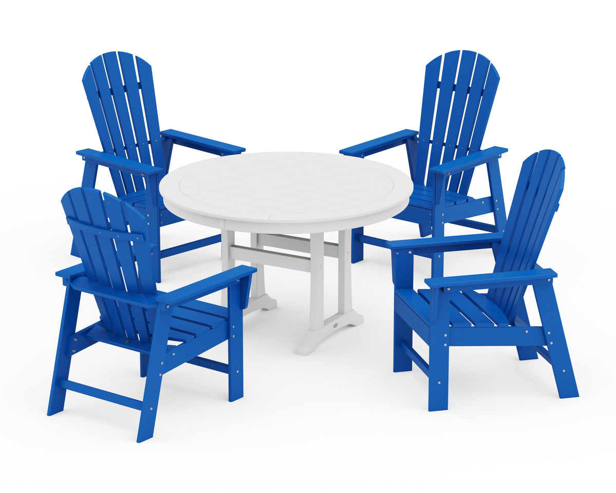 POLYWOOD South Beach 5-Piece Round Dining Set with Trestle Legs in Pacific Blue / White