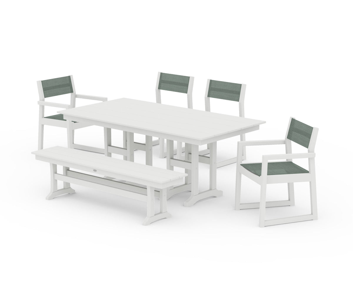 POLYWOOD EDGE Sling 6-Piece Farmhouse Dining Set in Vintage White / Dupioni Sea Mist