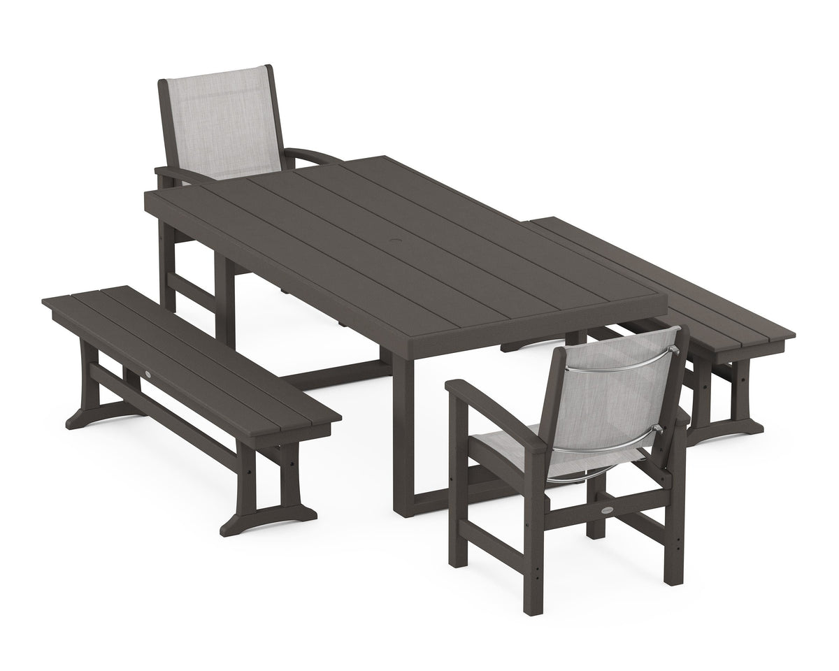 POLYWOOD Coastal 5-Piece Dining Set with Trestle Legs with EDGE 40" x 78" Dining Table in Vintage Coffee / Parchment