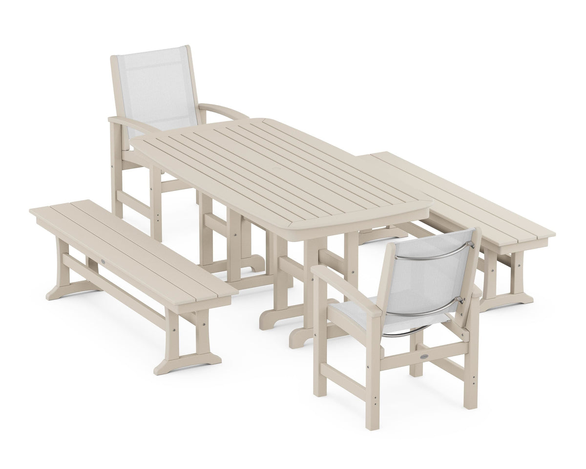 POLYWOOD Coastal 5-Piece Dining Set with Nautical 37" x 72" Dining Table in Sand / White