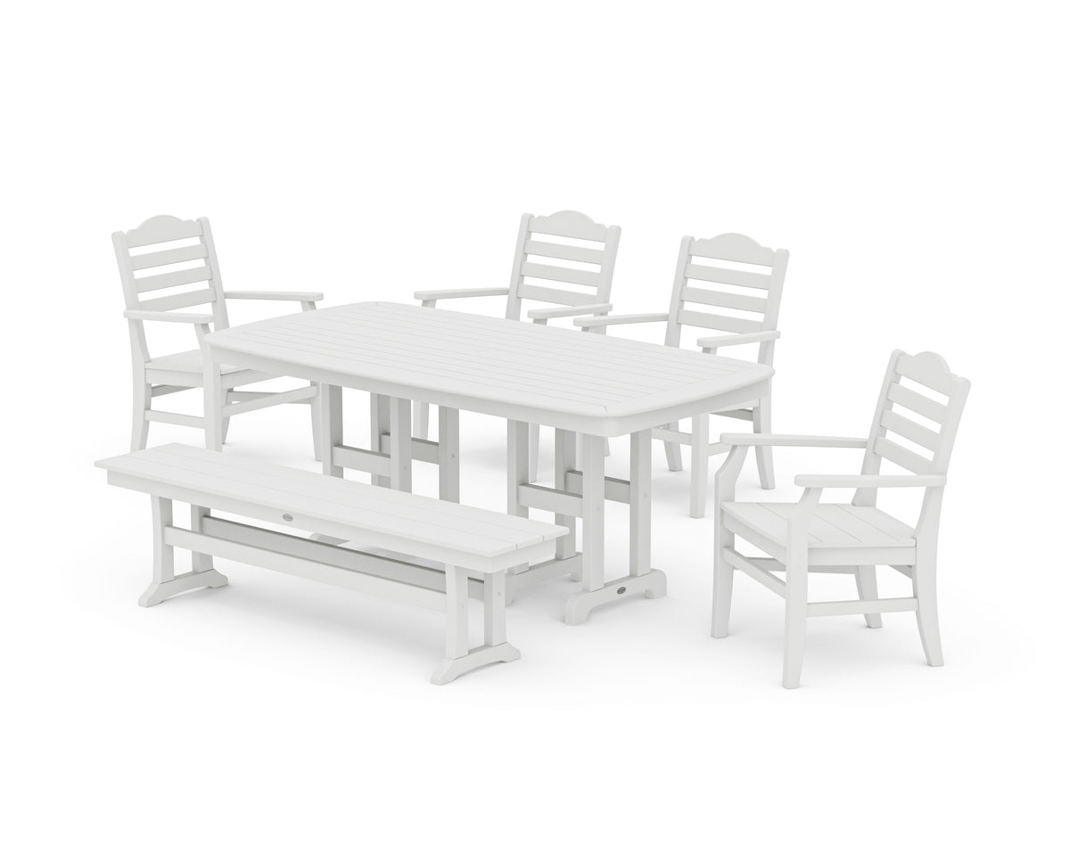 POLYWOOD Savannah 6-Piece Farmhouse Dining Set with Bench with Nautical 37" x 72" Dining Table in Vintage White
