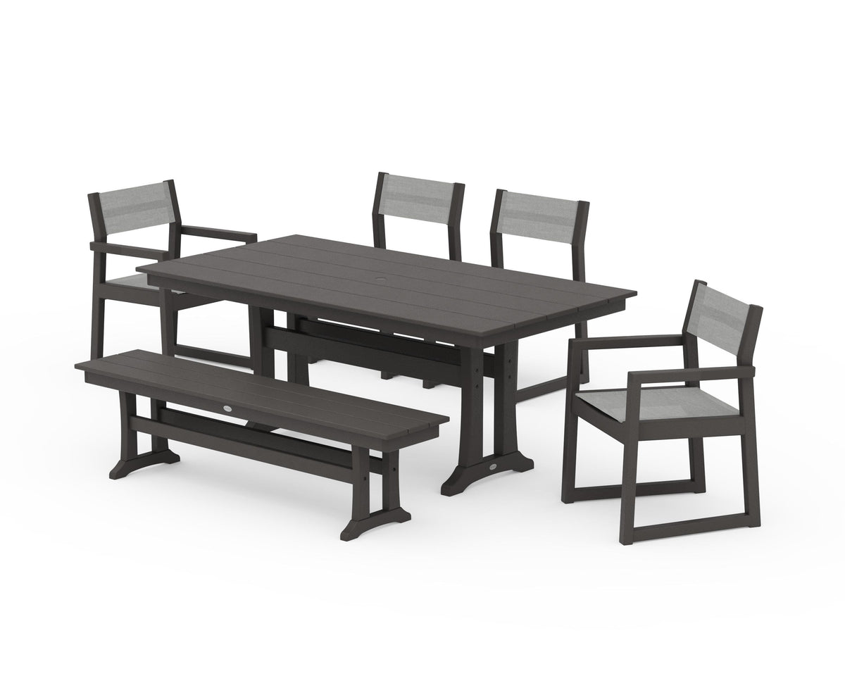 POLYWOOD EDGE Sling 6-Piece Farmhouse Dining Set With Trestle Legs in Vintage Coffee / Metallic