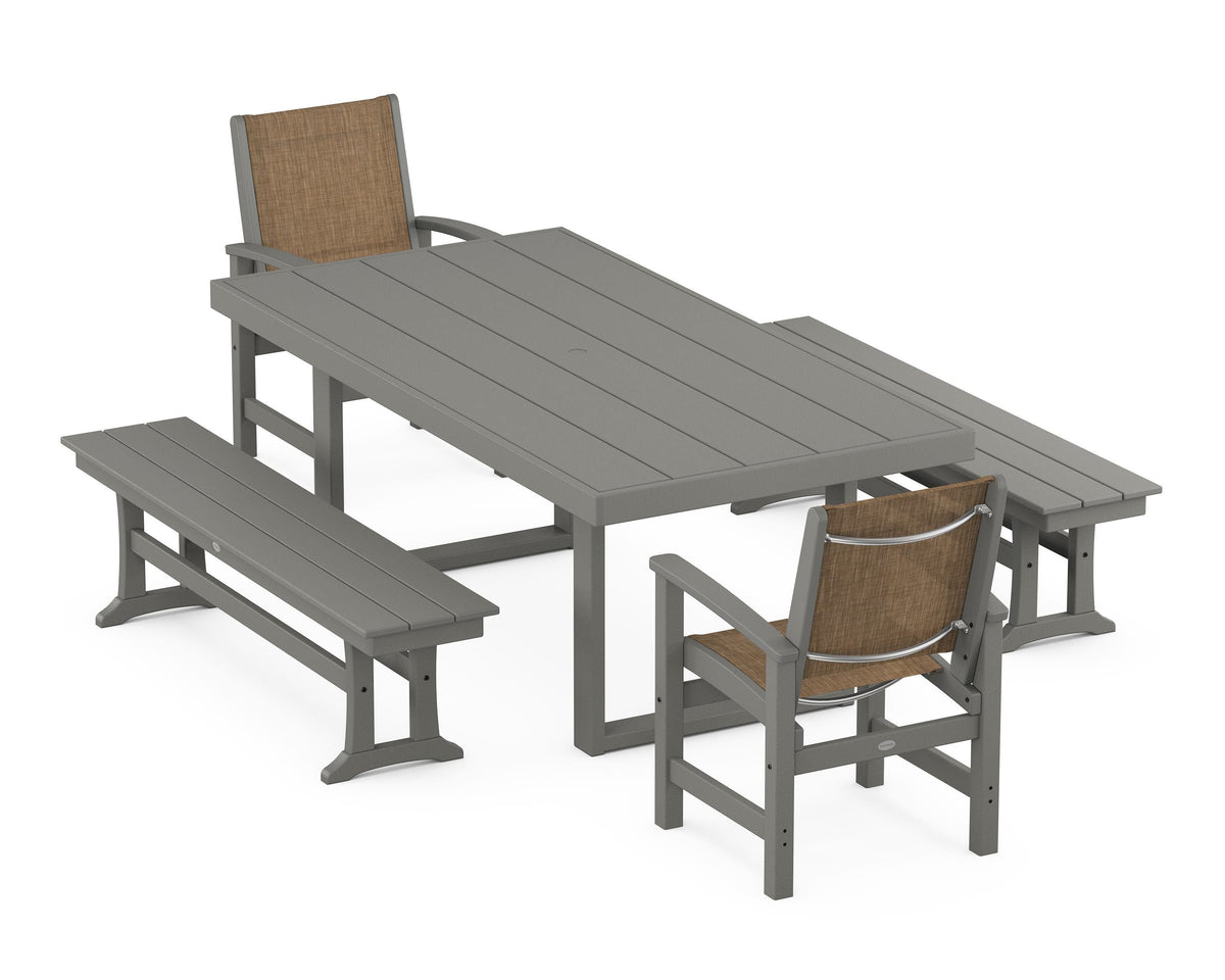 POLYWOOD Coastal 5-Piece Dining Set with Trestle Legs with EDGE 40" x 78" Dining Table in Slate Grey / Burlap
