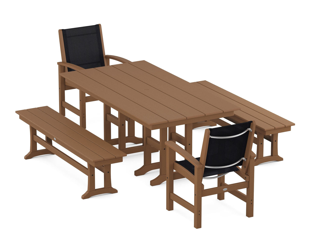 POLYWOOD Coastal 5-Piece Farmhouse Dining Set with Farmhouse 37" x 72" Dining Table in Teak / Black