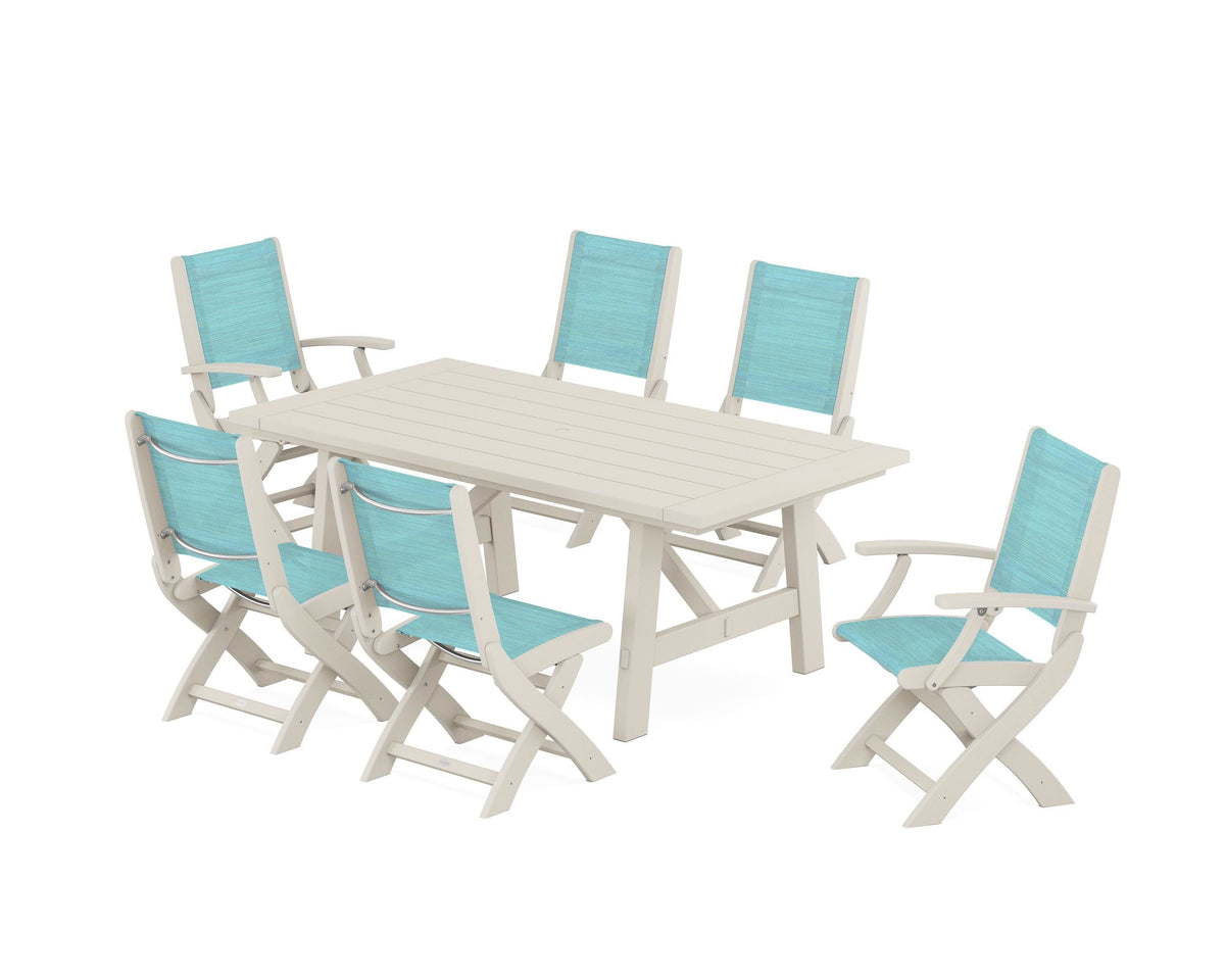 POLYWOOD Coastal Folding Chair 7-Piece Rustic Farmhouse Dining Set in Sand / Dupioni Aquamarine