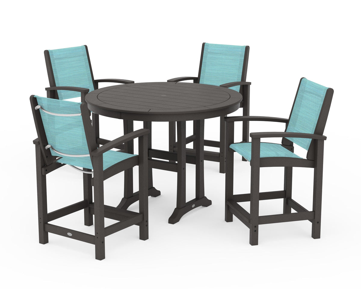 POLYWOOD Coastal 5-Piece Counter Set in Vintage Coffee / Dupioni Aquamarine