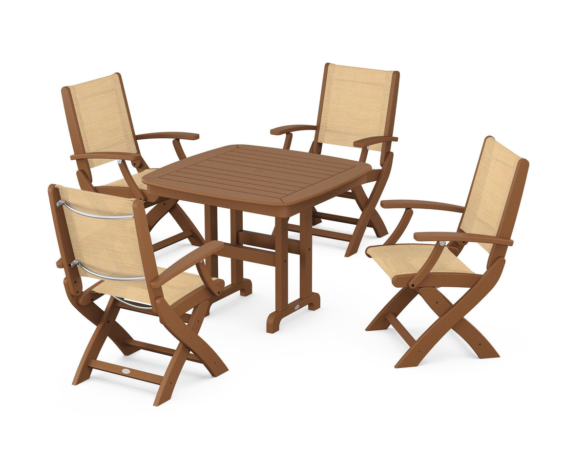 POLYWOOD Coastal Folding Chair 5-Piece Dining Set with Nautical 37" Dining Table in Teak / Dupioni Apricot
