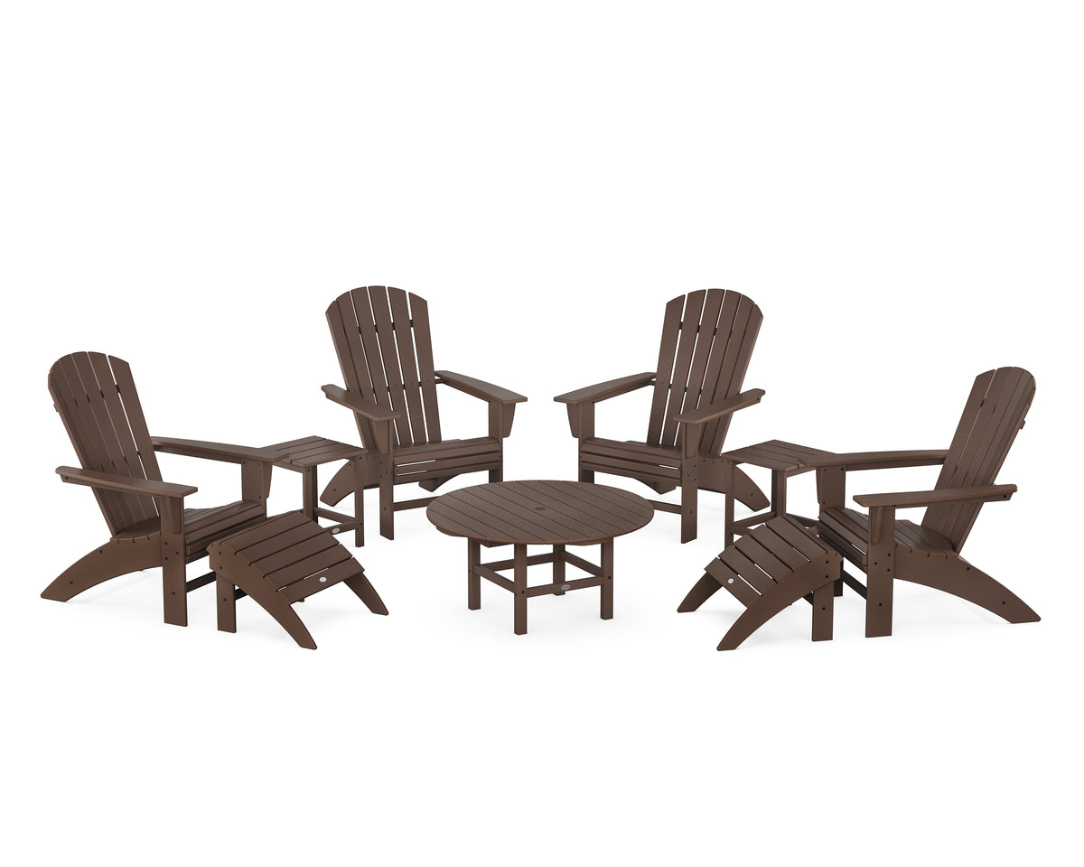 POLYWOOD Nautical Curveback Adirondack Chair 9-Piece Conversation Set in Mahogany