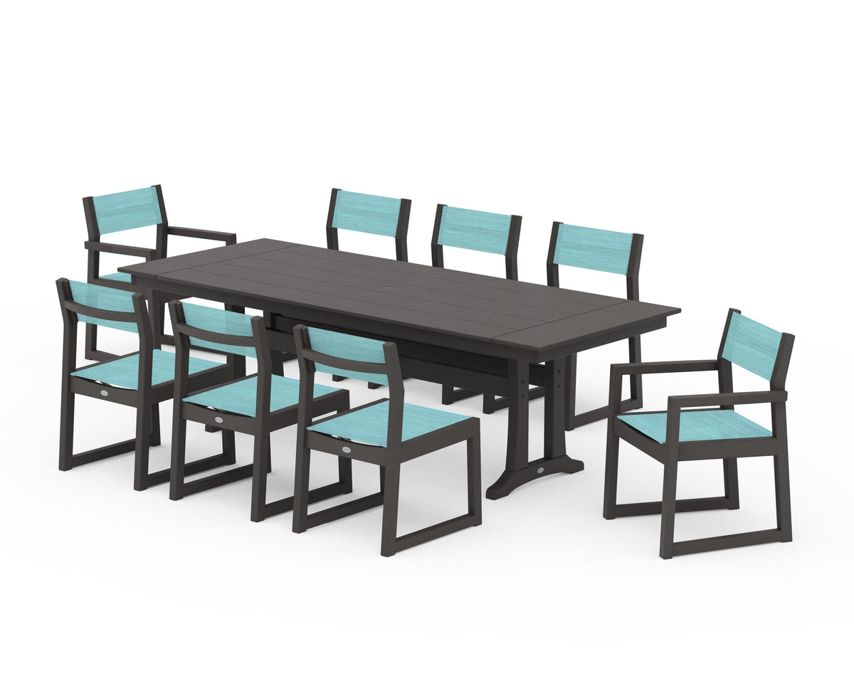 POLYWOOD EDGE Sling 9-Piece Farmhouse Trestle Dining Set in Vintage Coffee / Dupioni Aquamarine