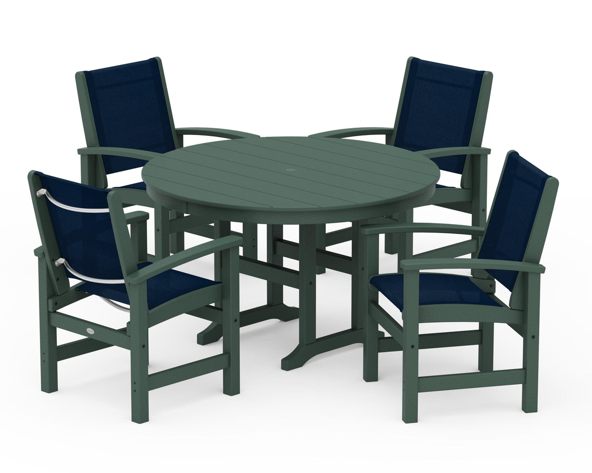 POLYWOOD Coastal 5-Piece Round Farmhouse Dining Set in Green / Navy Blue