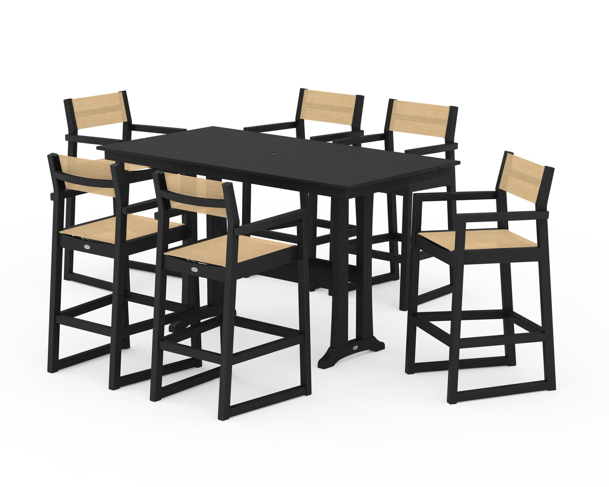 POLYWOOD EDGE Sling Arm Chair 7-Piece Farmhouse Bar Set with Trestle Legs in Black / Dupioni Apricot