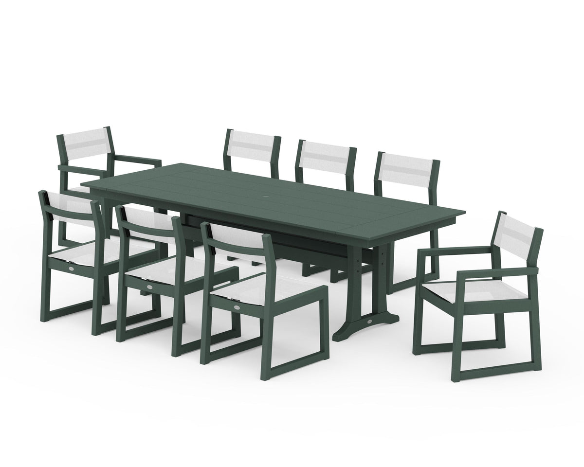 POLYWOOD EDGE Sling 9-Piece Farmhouse Trestle Dining Set in Green / White