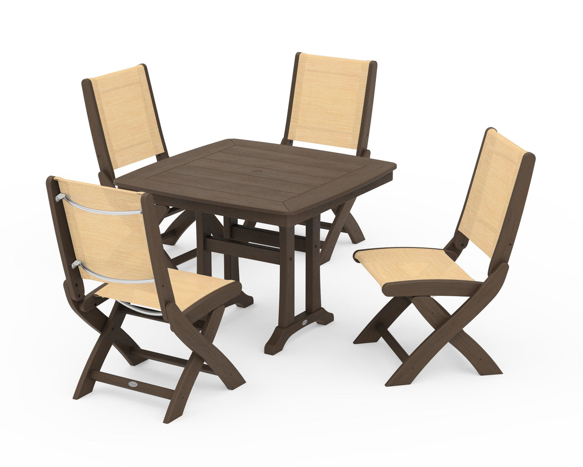 POLYWOOD Coastal Folding Side Chair 5-Piece Dining Set with Trestle Legs in Kona / Dupioni Apricot