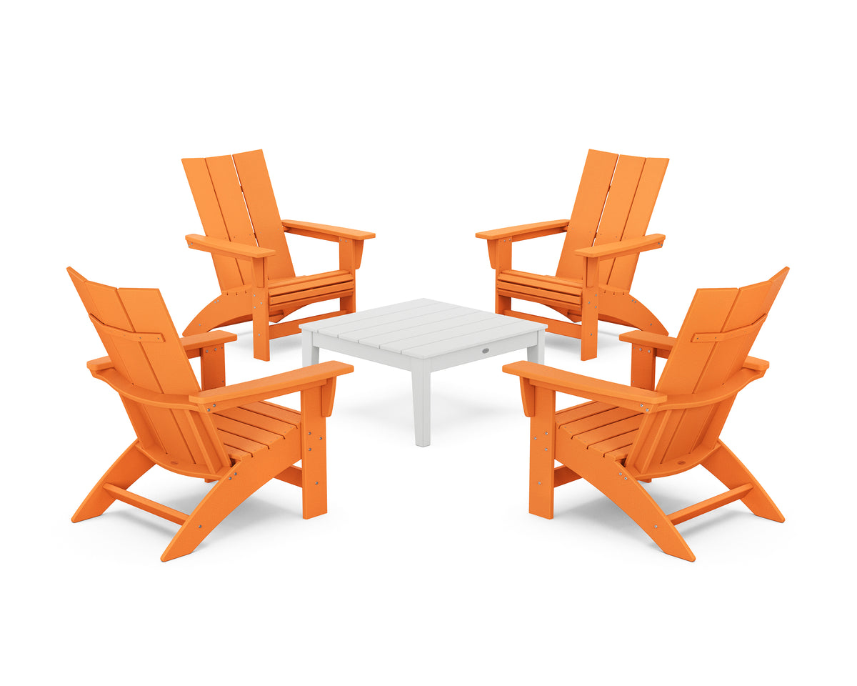 POLYWOOD 5-Piece Modern Grand Adirondack Chair Conversation Group in Tangerine / White