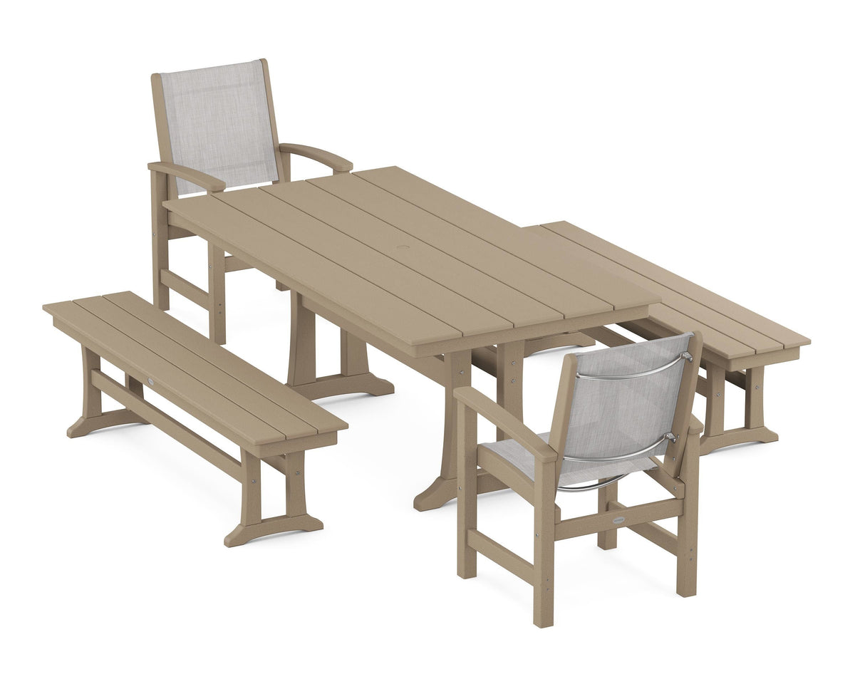 POLYWOOD Coastal 5-Piece Farmhouse Dining Set with Trestle Legs and Benches in Vintage Sahara / Parchment