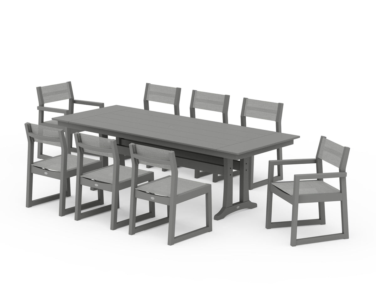 POLYWOOD EDGE Sling 9-Piece Farmhouse Trestle Dining Set in Slate Grey / Metallic