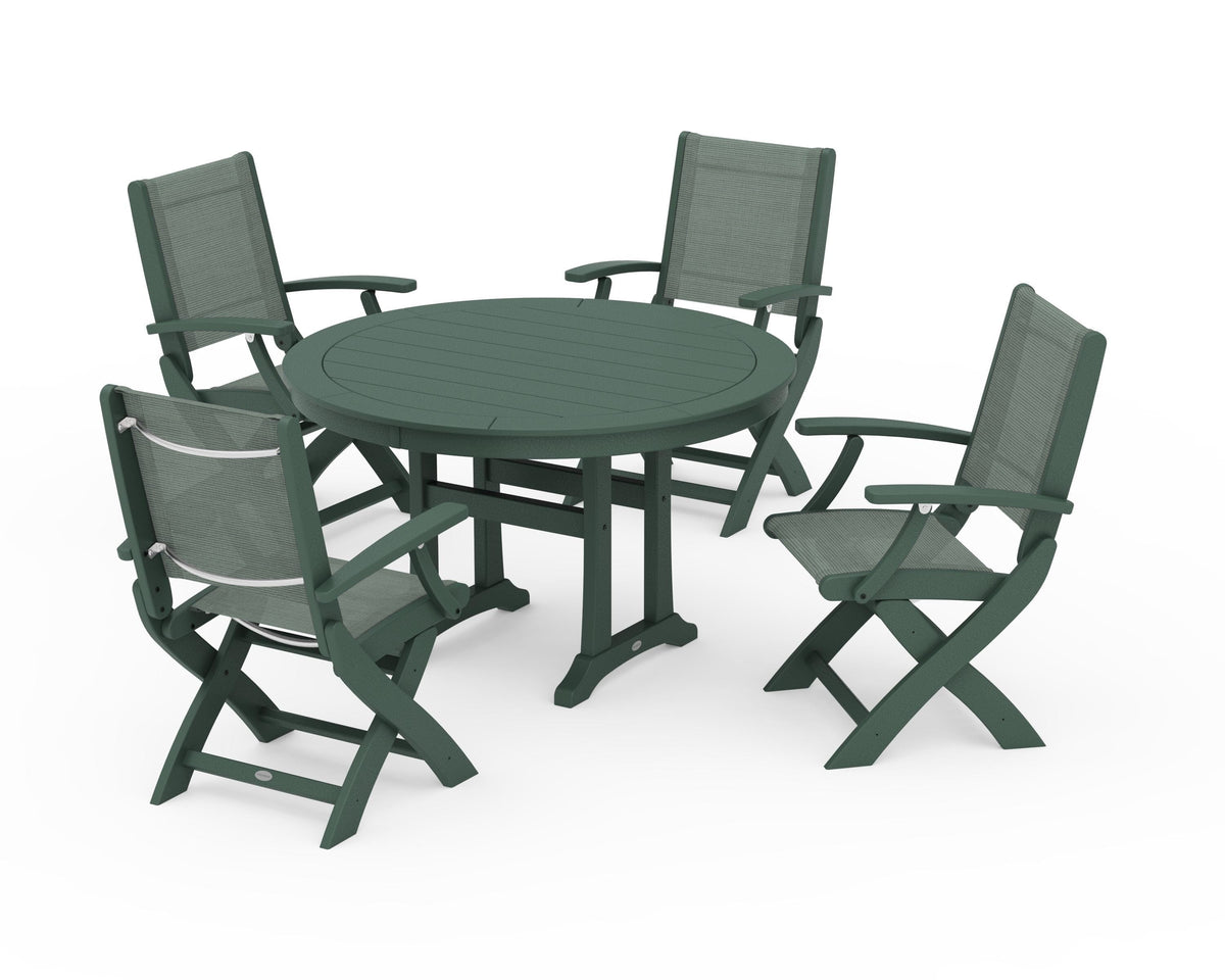 POLYWOOD Coastal Folding Chair 5-Piece Round Dining Set with Trestle Legs in Green / Dupioni Sea Mist