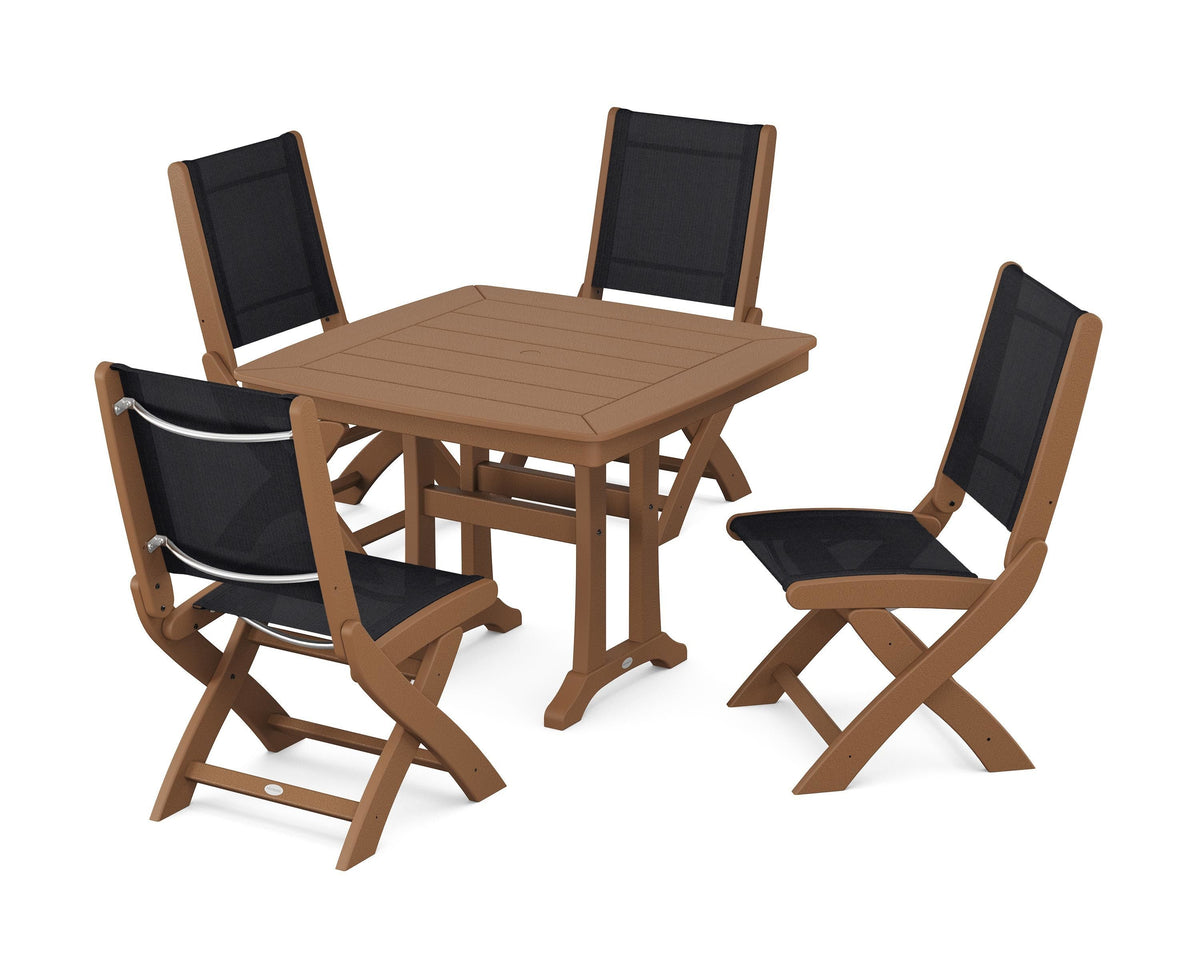 POLYWOOD Coastal Folding Side Chair 5-Piece Dining Set with Trestle Legs in Teak / Black