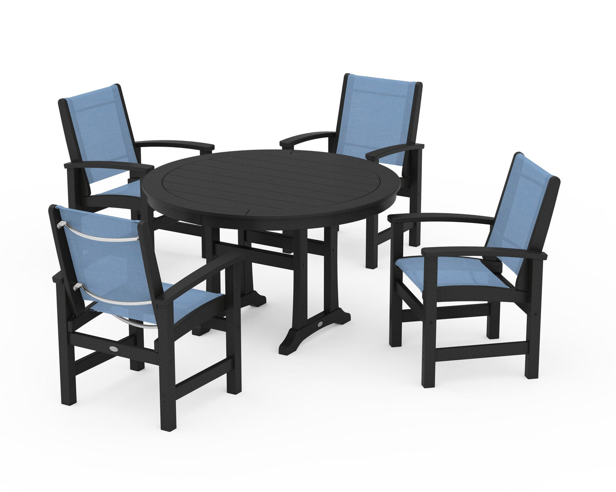 POLYWOOD Coastal 5-Piece Round Dining Set with Trestle Legs in Black / Poolside