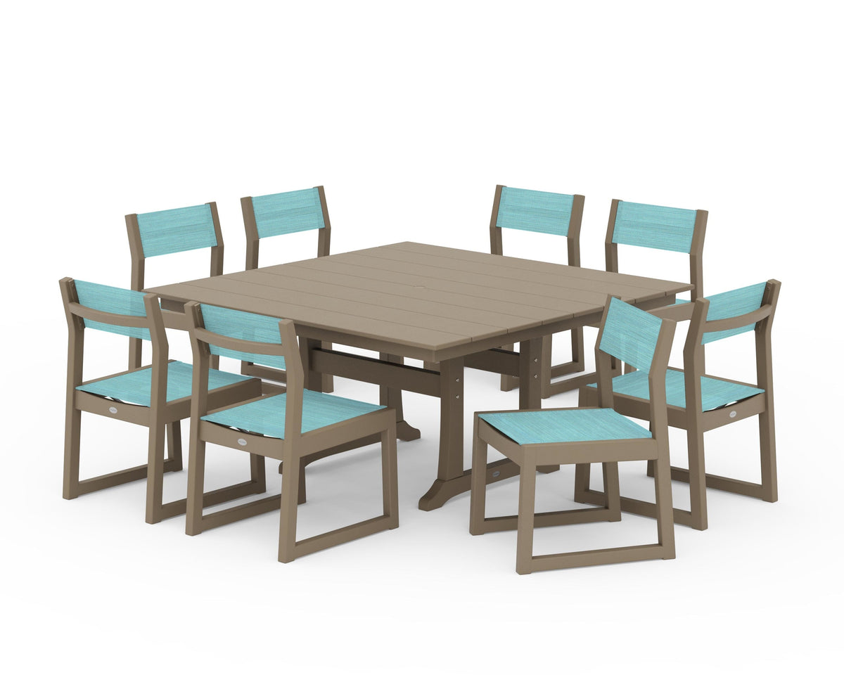 POLYWOOD EDGE Sling Side Chair 9-Piece Farmhouse Trestle Dining Set in Vintage Sahara / Dupioni Aquamarine